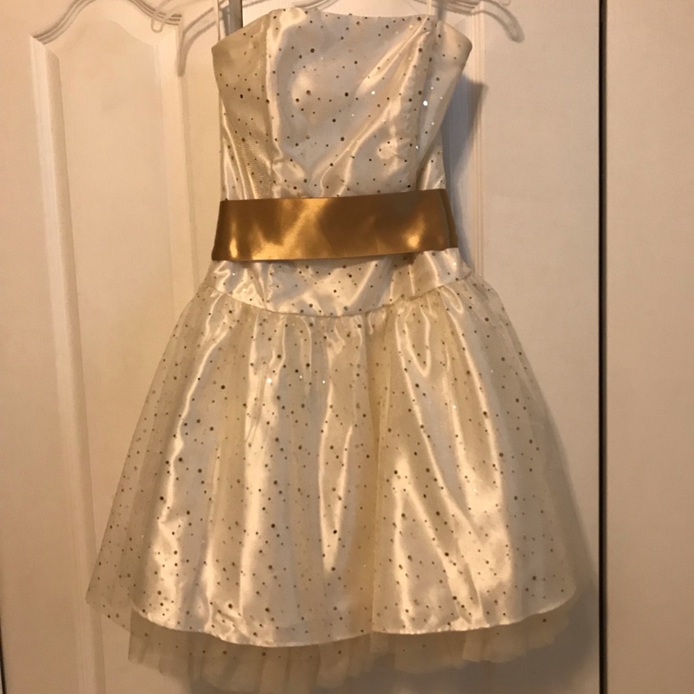 White and Gold Tulle Strapless Party Dress